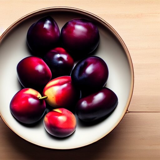 concept art drawing of a single thick porcelain bowl filled with a few moist freshly picked plums on a wooden table. volumetric lighting. small scale. artistic. top down. 