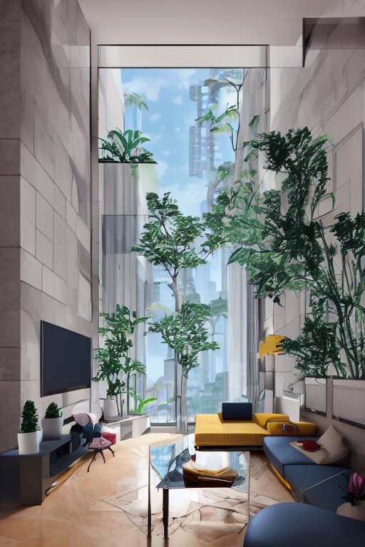 isometric interior of luxury condominium with minimalist furniture and lush house plants | modern architecture by makoto shinkai, ilya kuvshinov, lois van baarle, rossdraws and frank lloyd wright 