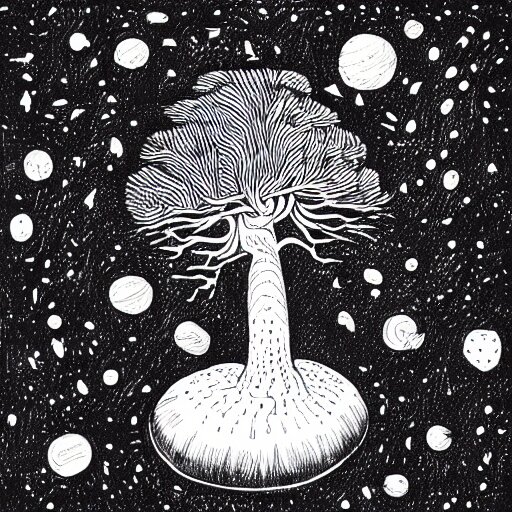 black and white ink doodle illustration of an ancient tree floating in outer space, overgrown with funghi, style by peter deligdisch, peterdraws 