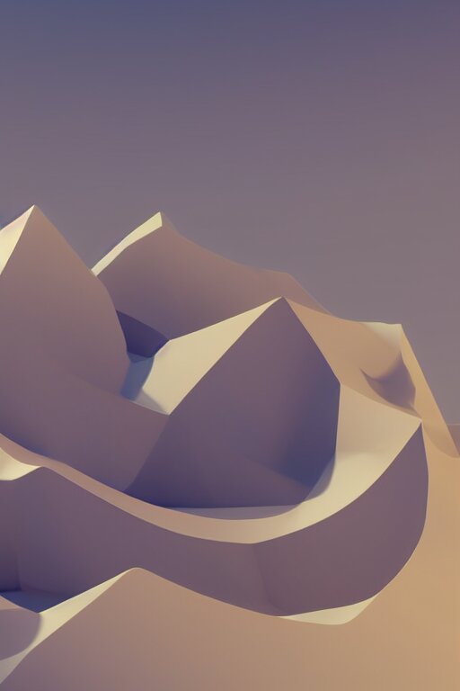 geometric 3 d render, dark color palate, mountains with a crescent moon stars 