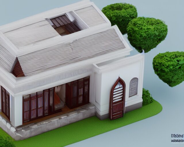 small cute assam type house, 1 0 0 mm, 3 d render, isometric, diorama, perfectly centered and isolated on white background 