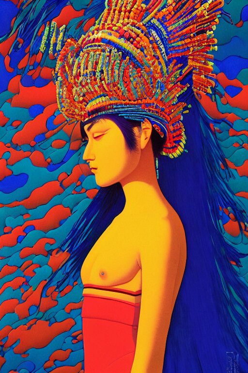 a colorful vibrant closeup portrait of a fashion model with a beaded headdress and dreaming psychedelic hallucinations, by kawase hasui, moebius, edward hopper and james gilleard, zdzislaw beksinski, steven outram colorful flat surreal design, hd, 8 k, artstation 