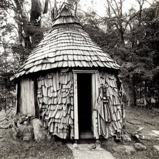 A vintage photo of a witches hut with a witch standing on the Porch, 70s, vintage, old