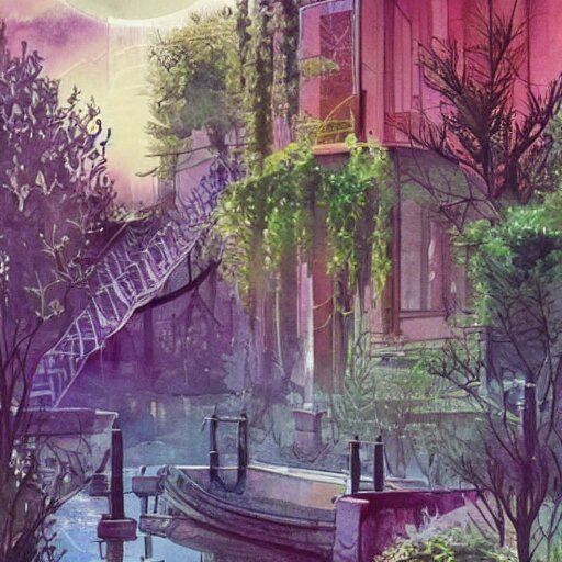 Beautiful happy picturesque charming sci-fi town in harmony with nature. Beautiful light. Water and plants. Nice colour scheme, soft warm colour. Beautiful detailed watercolor by Lurid. (2022)