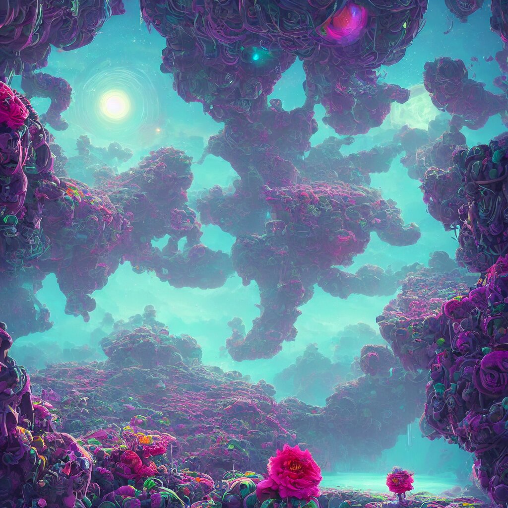 concept art, a world full of life divine thrill of the biological tranquil sky, atoms floating, cosmic horror, gothic harts, flowers, artwork by beeple and lisa frank, fantasy art, high - detailed, 8 k, uhd 