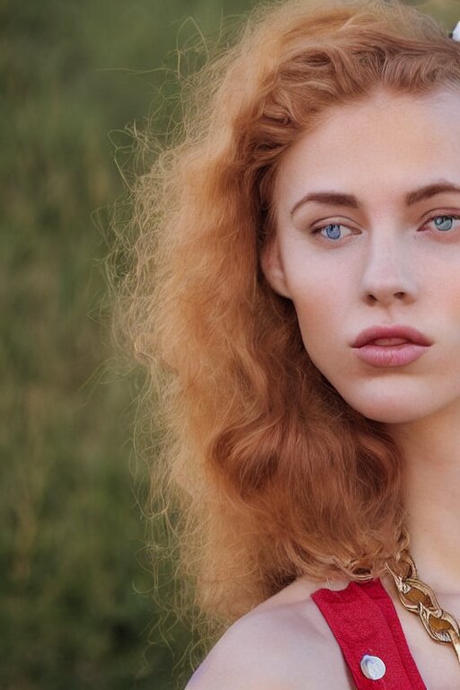 vintage photograph of an olive skinned female model with strawberry blonde hair in her twenties, her hair pinned up, wearing a designer top and one gold standard chain necklace, looking content, focused on her neck, photo realistic, extreme detail skin, natural beauty, no filter, slr, golden hour, 4 k, high definition, selfie 