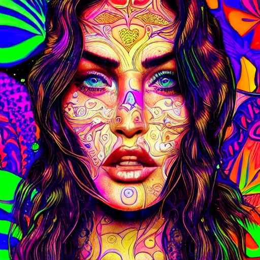 an extremely psychedelic portrait of megan fox, surreal, lsd, fa ...