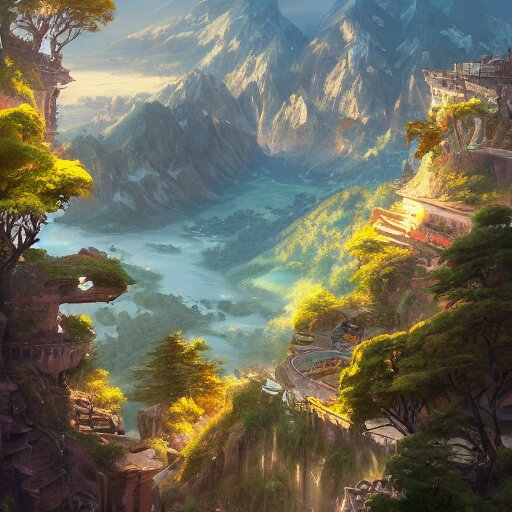 a birds eye view overlooking an ancient fantasy city surrounded by mountains and trees of greens and browns, rivers and lakes by Jordan Grimmer, Asher Brown Durand and Ryan Dening, 8k, artstation, beautiful color pallette