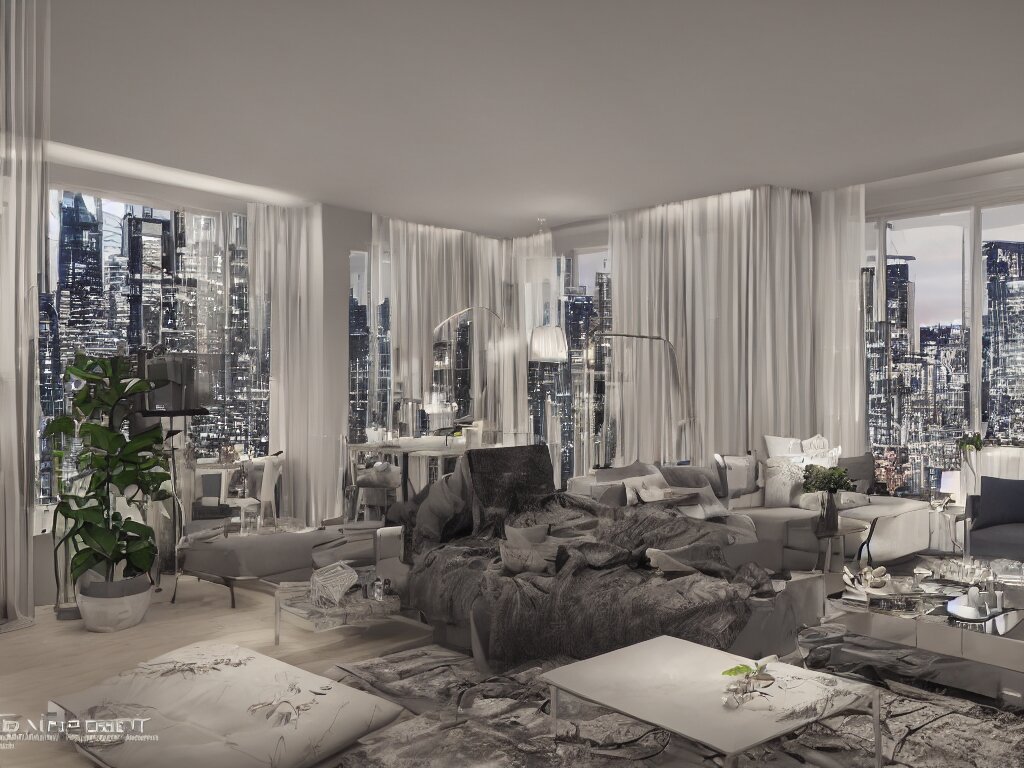 a Photorealistic hyperrealistic interior night time render of a beautifully decorated modern apartment overlooking a megapolis,Nikon Z7, ISO 64,Nikkor 20mm f1.8 lens,aperture f/9,exposure 1/40secs