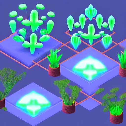 3 d mobile game asset is an isometric staircase with an organic isometric design based on bioluminescent alien - like plants inspired by the avatar's bioluminescent alien nature. around the stair, we can see plants that glow in the dark. all in isometric perspective and semi - realistic style item is in a black background 