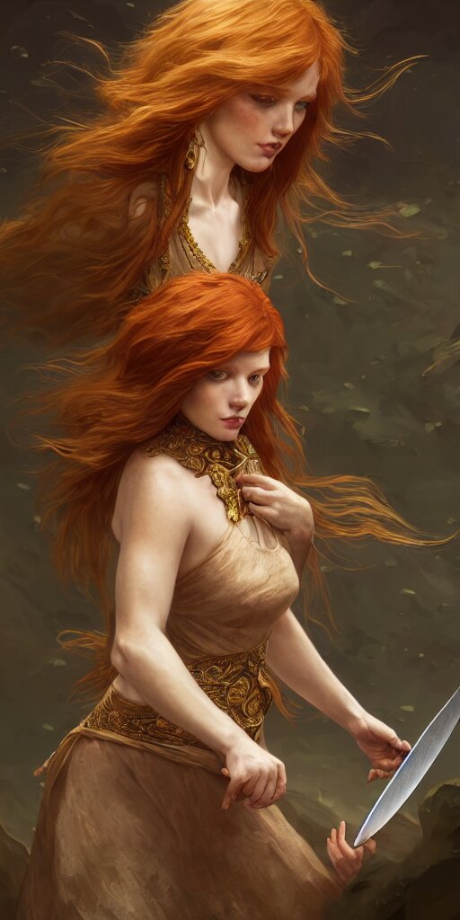 ginger girl with problems dringing in an ancien taver and playing with a knife, magic the gathering, ancient, sand, emerald, intricate, highly detailed, digital painting, artstation, concept art, smooth, sharp focus, illustration, Unreal Engine 5, 8K, art by artgerm and greg rutkowski and alphonse mucha