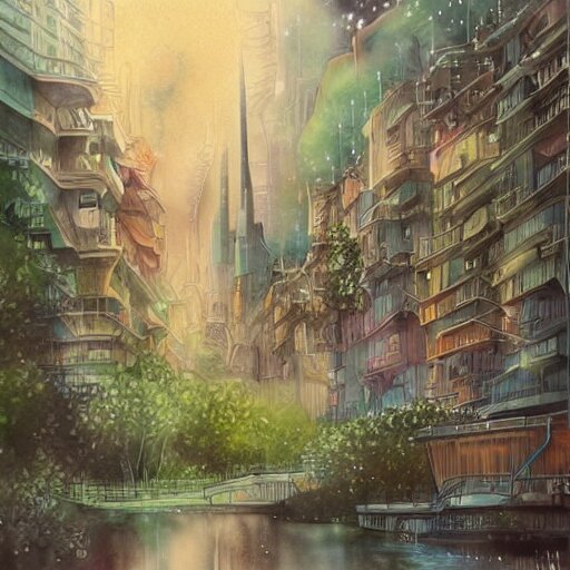 Beautiful happy picturesque charming sci-fi city in harmony with nature. Nice colour scheme, soft warm colour. Beautiful detailed watercolor by Lurid. (2022)