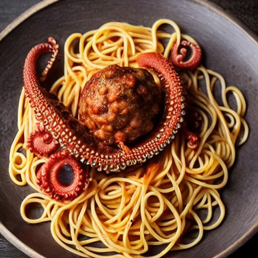 octopus with spaghetti as its tentacles, and a meatball as its body