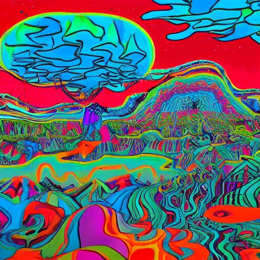 crazy psychedelic landscape full of ghosts, utopia 