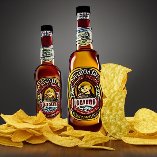 bag of chips with malort bottle design, jeppson's malort, malort bottle, hd render, realistic 