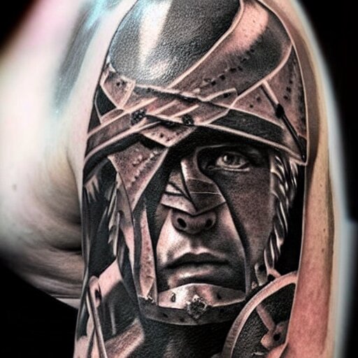 an up close gladiator with shield and sword, tattoo, tattoo art, Black and grey tattoo style,