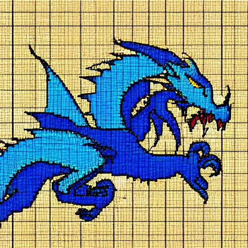 blue blueprint of a fantasy dragon pixel art 