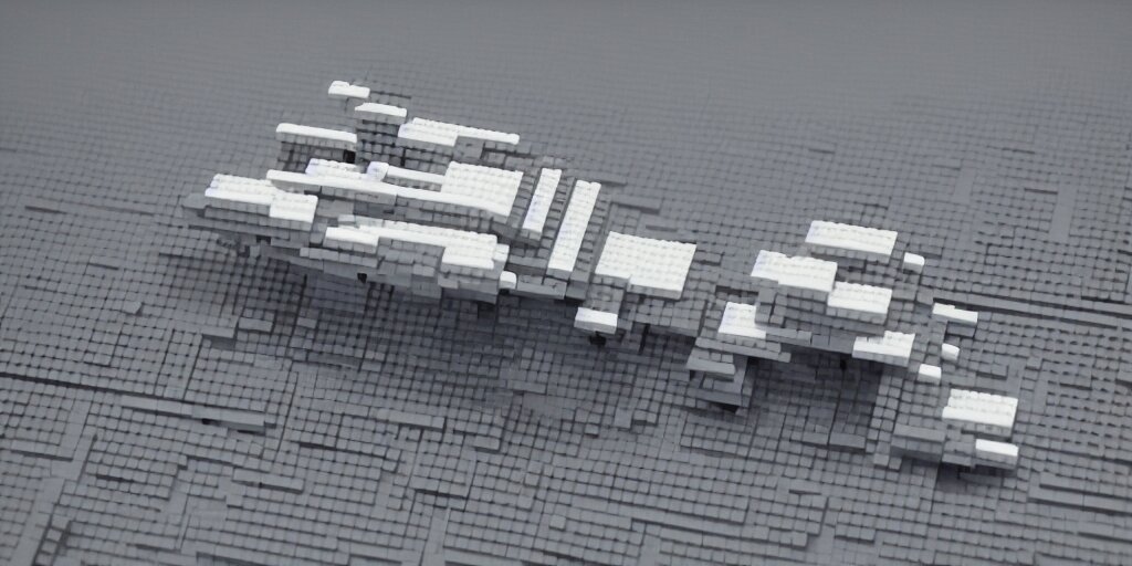 gigantic spaceship made with grey legobricks, flying in the galaxy 