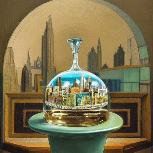 still life painting of a miniature tabletop art deco city under a glass dome, by paulette tavormina and clara peeters and vermeer, cool color - scheme with blues and greens, hyper realistic, detailed, beautiful lighting 