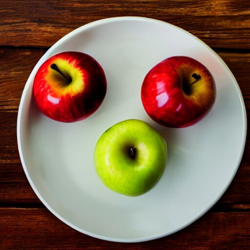 a wide angle side view realistic photo of only 3 apples on a colorful plate, award winning 