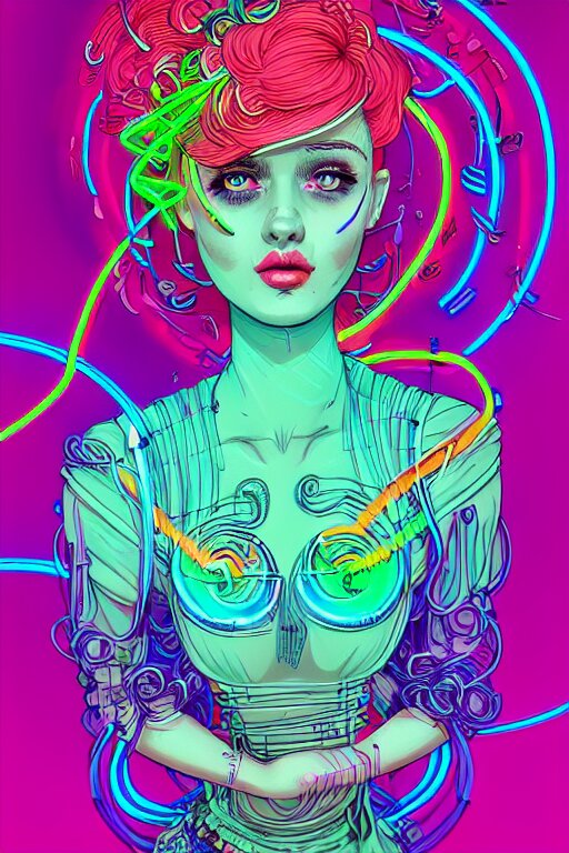 a award winning portrait of a beautiful woman with stunning eyes in a one off shoulder croptop and cargo pants with rainbow colored hair, outlined by whirling illuminated neon lines and fine lines swirling in circles by joe fenton, digital art, trending on artstation 