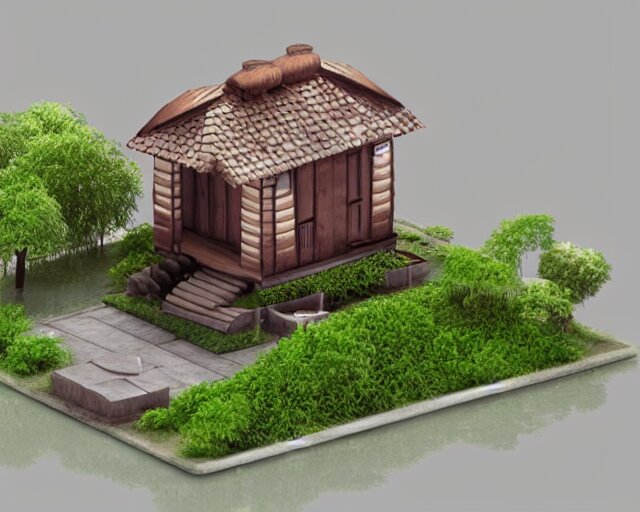 small cute assam type house, 1 0 0 mm, 3 d render, isometric, diorama, perfectly centered and isolated on white background 