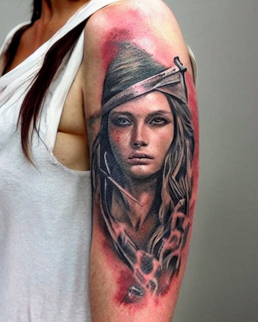 A beautiful woman warrior, faded background of a pirate ship at a deserted island, realism tattoo drawing, hyper realistic, shaded