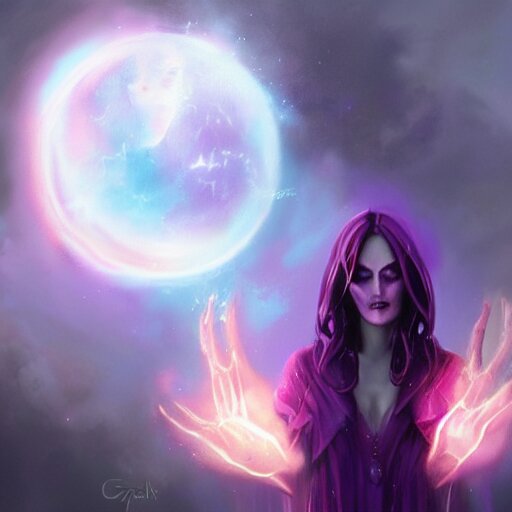 a beautiful Purple Magician based on Maryln Manson with glowing aura holding an orb by Greg Rutkowski and Raymond Swanland, Trending on Artstation, cloudy background, ultra realistic digital art