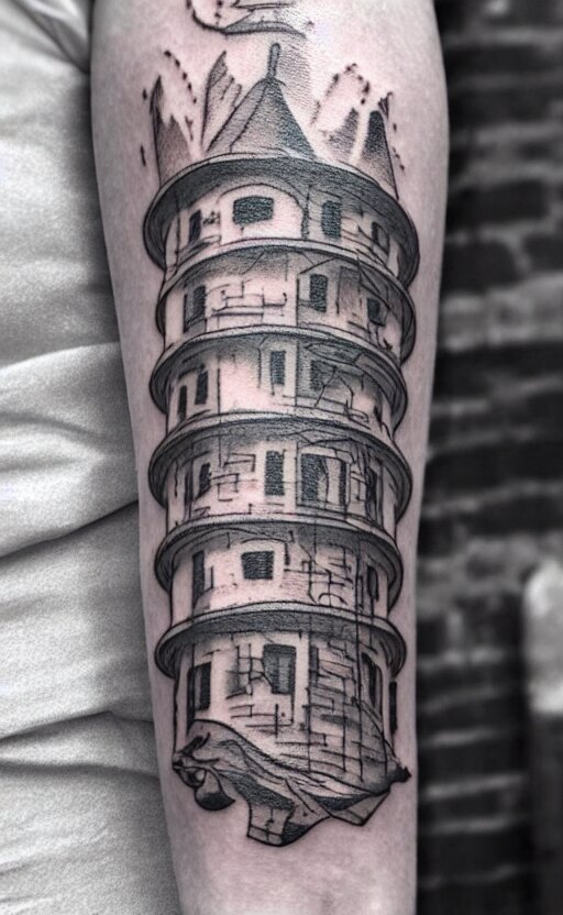 a tattoo of an old man wearing a hat on top of a tower, ultra detailed, tattoo, 8 k 