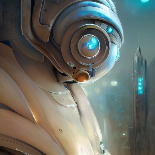 beautiful delicate imaginative streamlined futuristic close up portrait of a tardigrade, sitting with elegant deadly looks, mechanical body on gold linings, smooth white and soft by ruan jia, tom bagshaw, alphonse mucha, krenz cushart, beautiful cyberpunk buildings in the background, epic sky, vray render, artstation, deviantart, pinterest, 5 0 0 px models 