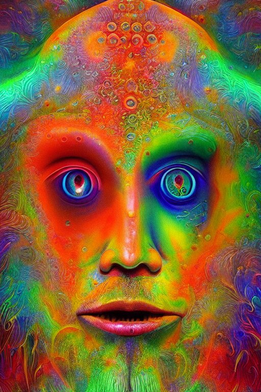 hyperrealistic abstract close-up Renaissance psychedelic!! celestial happy! pure creature!! peaceful! kind spirit of nature! beautiful fractal!! eyes! highly detailed concept art eric zener elson peter cinematic hard rainbow lighting high angle hd 8k sharp shallow depth of field endless, inspired by Zdzisław Beksiński Salvador Dali