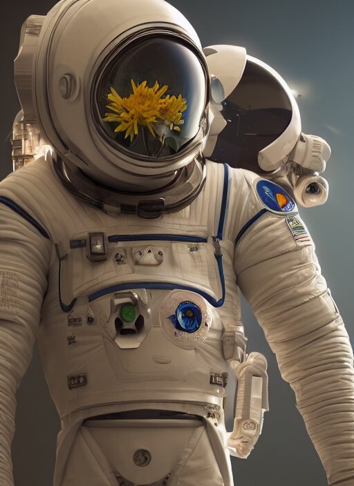 a man in a space suit with a flower in his hand, a computer rendering by Mike Winkelmann, trending on cgsociety, retrofuturism, uhd image, rendered in cinema4d, hard surface modeling,