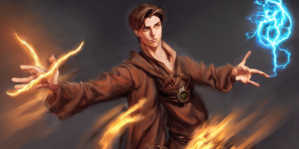 concept art of a handsome young caucasian male sorcerer with brown hair he is casting a spell that is emanating from his hands he is in a alchemist lab, action pose, medium shot, waist up, dungeons and dragons art, magic the gathering art 