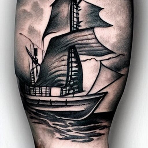 A magical pirate ship tattoo design on white background, hyper realistic shaded tattoo, award winning tattoo