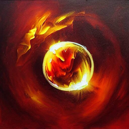 soap bubble with fireball inside, oil painting