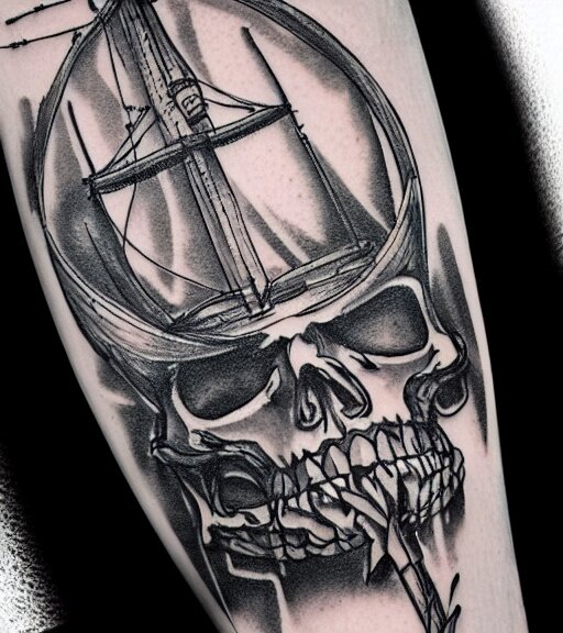 A realistic tattoo design sketch of a pirate ship, white background, black and white, highly detailed tattoo, shaded tattoo