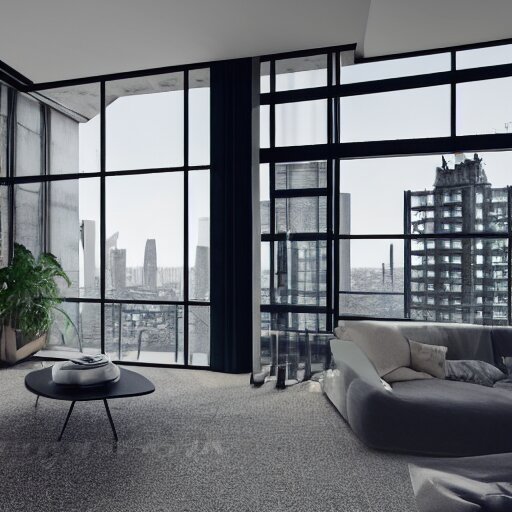 brutalist penthouse open living room, big windows, showing city landscape on background, minimalist architecture, minimalist furniture, octane render, high quality, 8 k, post production 