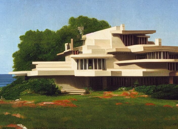 painting of a frank lloyd wright house in cape cod by thomas cole 