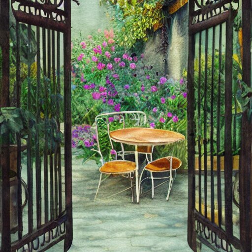 delicate, tiger, chairs, garden, paved, botanic watercolors, iridescent, 8 k, realistic shaded, fine details, artstation, italian, iron gate, tree, mediterranean, marvelous 