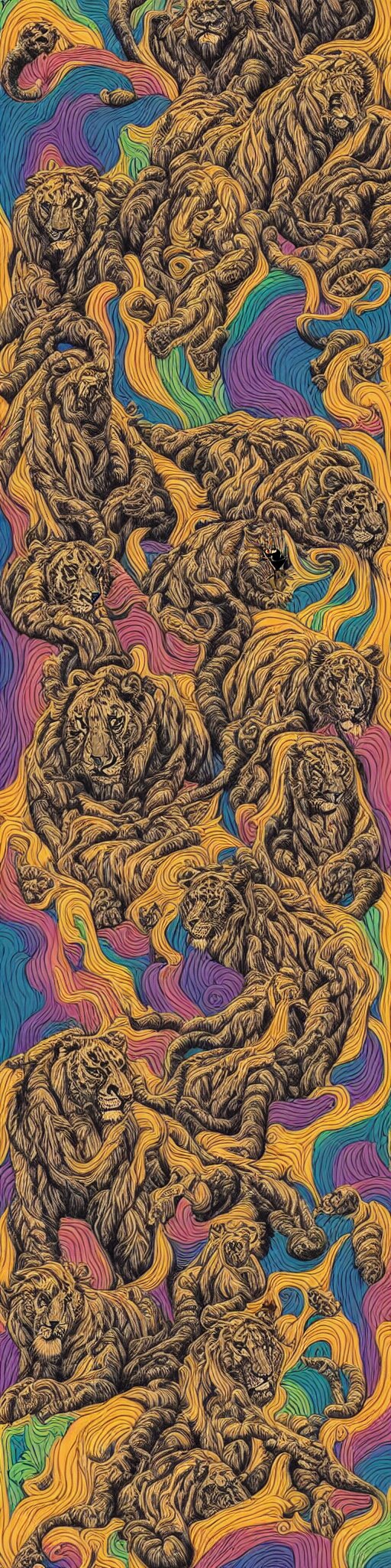 lions and tiger and bears dissolving into melted liquid braids, cubensis, aztec, basil wolverton, r crumb, hr giger, mc escher, dali, muted but vibrant colors, rainbow tubing, 