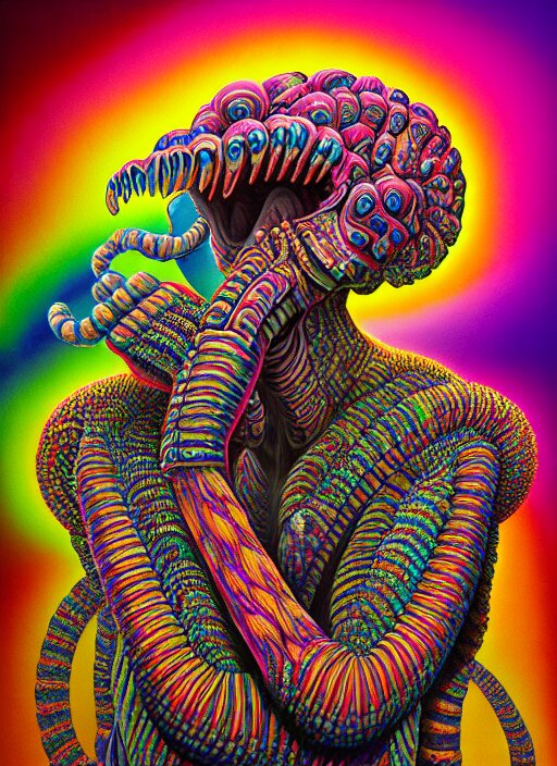 hyper detailed ultra sharp 3 d render like a oil painting aztec serpent warrior trance man seen eating of the strangling network of yellowcake aerochrome and milky fruit and his delicate hands hold of gossamer polyp blossoms bring iridescent fungal flowers whose spores black the foolish stars by jacek yerka. trending on artstation, warpaint aesthetic, earthwave, colorful, neon, ornate, intricate, digital painting, concept art, smooth, sharp focus, illustration, art by artgerm and greg rutkowski and h. r. giger, 8 k 