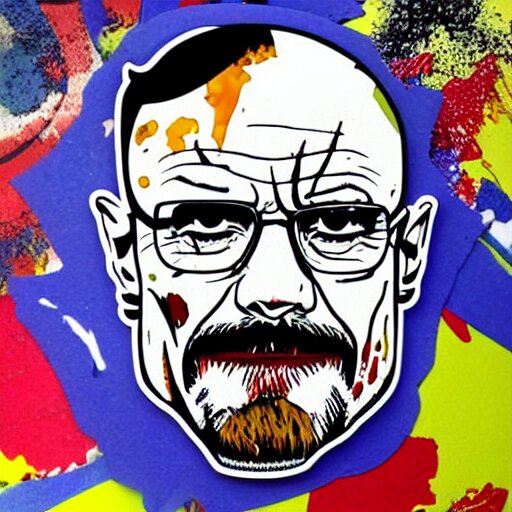 die cut sticker, walter white wearing the joker outfit, splatter paint 