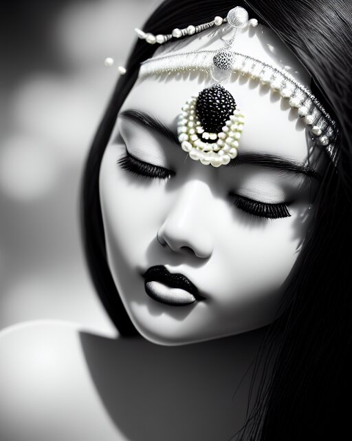 black and white dreamy young beautiful female artificial intelligence, realistic pearl ornament in the face, long hair are intricate with highly detailed realistic pearls, cinematic, rim light, bokeh, photo - realistic, elegant, high detail, 8 k, masterpiece, photo taken in 1 9 3 0 