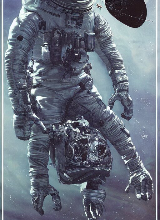 astronaut in dark void underwater - complex and hyperdetailed technical suit design. reflection and dispersion materials. rays and dispersion of light. volumetric light. f / 3 2. noise film photo. flash photography. ultra realistic, 5 0 mm. poster by wayne barlowe, hajime sorayama aaron horkey, craig mullins 