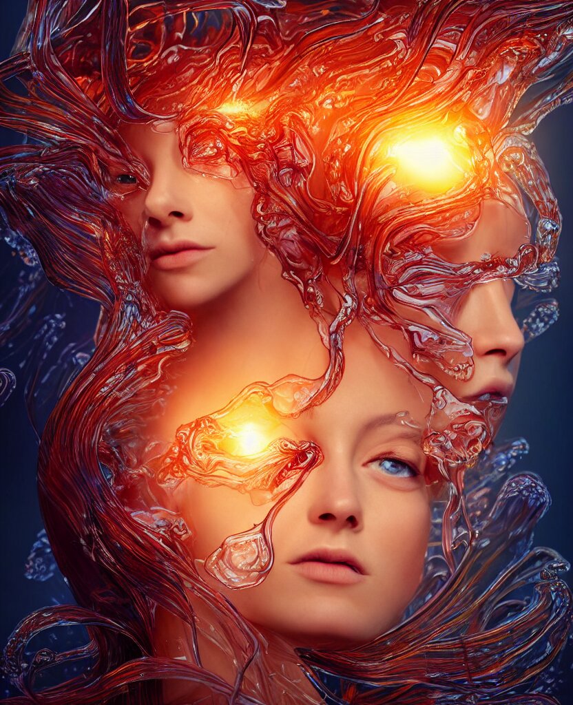 close-up portrait of the face of a beautiful princess in a twisted glass mask floating on the edge of the water, epic angle and pose, symmetrical artwork, 3d with depth of field, blurred background, cybernetic jellyfish female face skull phoenix bird, translucent, nautilus, energy flows of water and fire. a highly detailed epic cinematic concept art CG render. made in Maya, Blender and Photoshop, octane render, excellent composition, cinematic dystopian brutalist atmosphere, dynamic dramatic cinematic lighting, aesthetic, very inspirational, arthouse. y Greg Rutkowski, Ilya Kuvshinov, WLOP, Stanley Artgerm Lau, Ruan Jia and Fenghua Zhong