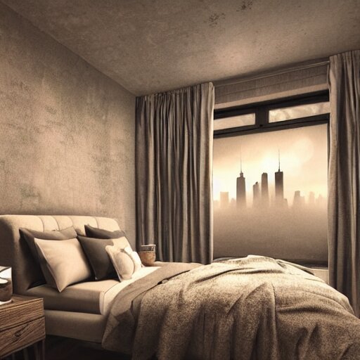 cozy rustic bedroom with a night view of new york in heavy mist, highly detailed, artstation, concept art 