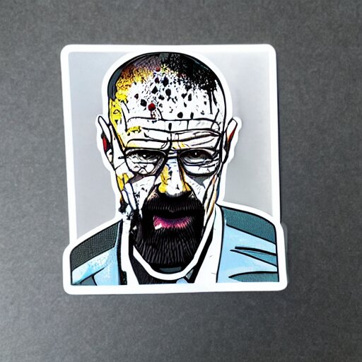 die cut sticker, walter white wearing the joker outfit, splatter paint 