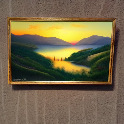 a landscape with a lake in the mountain. sunset. cottage. acrylic painting. 4 k. very detailed. trandint on artstation. masterpiece. shadows. 