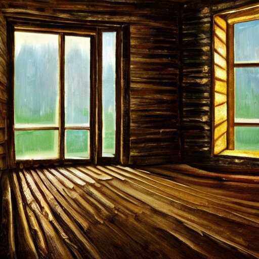 oil painting of mostly empty cottage interior, one small window with sunlight shining onto the floor. artistic. cozy. wooden floor. rustic. solace. 