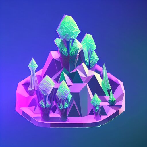 mobile game asset, isometric staircase, crystals, organic low poly design, bioluminescent alien - like plants inspired by the pandora aesthetic avatar's alien nature. we can see alien plants glowing in the dark arround the isometric itens in dark place cyan, orange smooth glow night photoshop filter low poly behance hd 